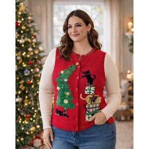 Christopher & Banks Womens 2007Hand Embroidered Christmas Vest Sz L Playful Cats